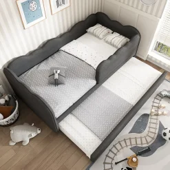 Redom Lit 90x190 cm avec lit gigogne et dossier rembourré en lin gris, côtés modulables pour chambre d'enfant* Lit Gigogne
