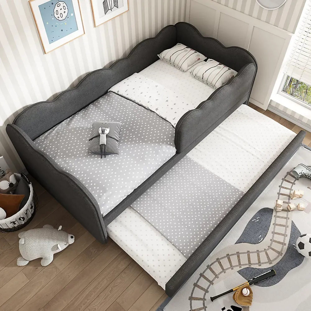Redom Lit 90x190 cm avec lit gigogne et dossier rembourré en lin gris, côtés modulables pour chambre d'enfant* Lit Gigogne