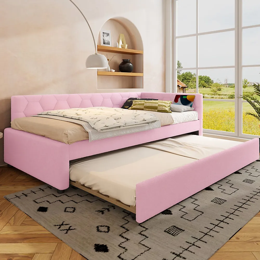 Lit 90x200 cm avec lit gigogne, revêtement velours rose et structure MDF, lampe de chevet intégrée>Redom Best