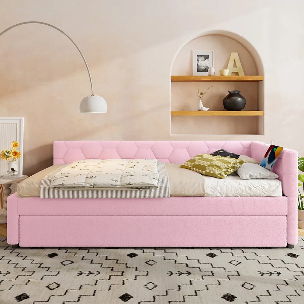 Lit 90x200 cm avec lit gigogne, revêtement velours rose et structure MDF, lampe de chevet intégrée>Redom Best