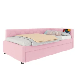 Lit 90x200 cm avec lit gigogne, revêtement velours rose et structure MDF, lampe de chevet intégrée><noscript><img width=