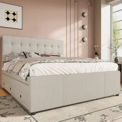 Redom Lit 140x200 cm avec lit gigogne, 3 tiroirs et tête de lit réglable, tapissé lin beige, style minimaliste* Lit Gigogne