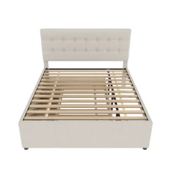Redom Lit 140x200 cm avec lit gigogne, 3 tiroirs et tête de lit réglable, tapissé lin beige, style minimaliste* Lit Gigogne