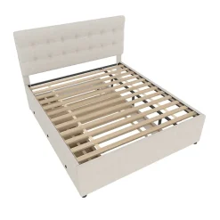 Redom Lit 140x200 cm avec lit gigogne, 3 tiroirs et tête de lit réglable, tapissé lin beige, style minimaliste* Lit Gigogne
