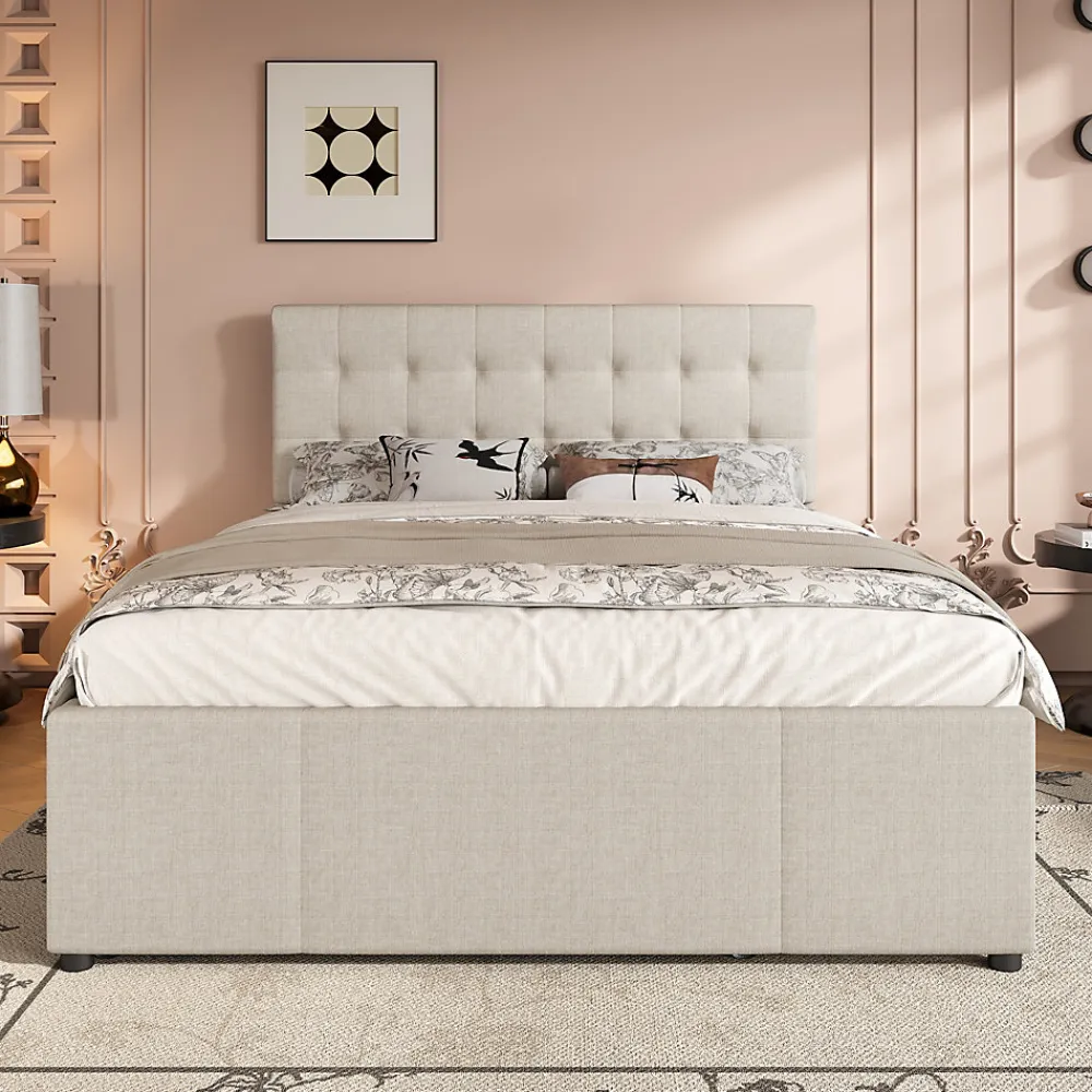 Redom Lit 140x200 cm avec lit gigogne, 3 tiroirs et tête de lit réglable, tapissé lin beige, style minimaliste* Lit Gigogne