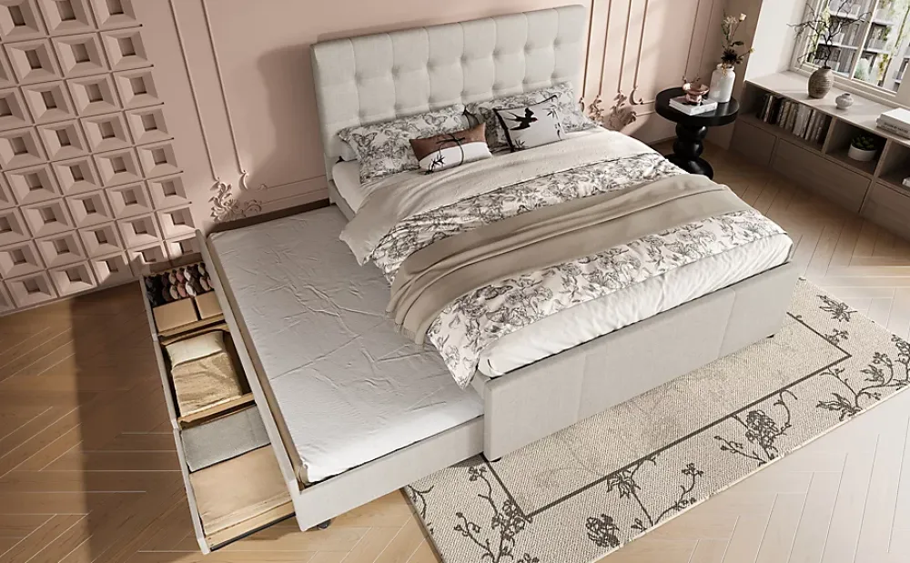 Redom Lit 140x200 cm avec lit gigogne, 3 tiroirs et tête de lit réglable, tapissé lin beige, style minimaliste* Lit Gigogne