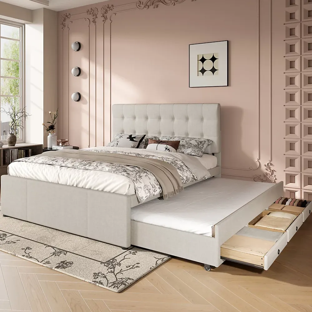 Redom Lit 140x200 cm avec lit gigogne, 3 tiroirs et tête de lit réglable, tapissé lin beige, style minimaliste* Lit Gigogne