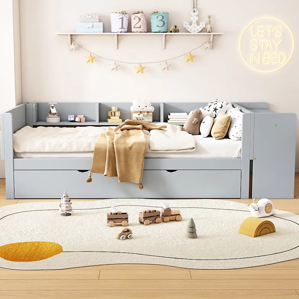 Lit 90x200 cm avec lit gigogne, bureau amovible et 3 étagères latérales, cadre pin massif et MDF, finition gris>Redom Clearance