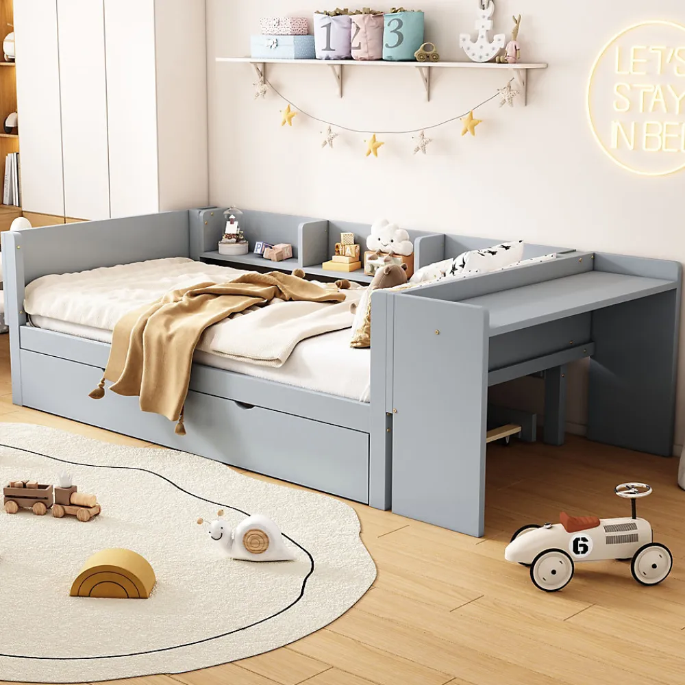 Lit 90x200 cm avec lit gigogne, bureau amovible et 3 étagères latérales, cadre pin massif et MDF, finition gris>Redom Clearance