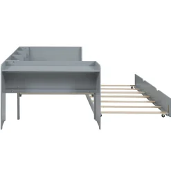 Lit 90x200 cm avec lit gigogne, bureau amovible et 3 étagères latérales, cadre pin massif et MDF, finition gris><noscript><img width=