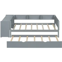 Lit 90x200 cm avec lit gigogne, bureau amovible et 3 étagères latérales, cadre pin massif et MDF, finition gris><noscript><img width=
