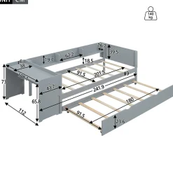 Lit 90x200 cm avec lit gigogne, bureau amovible et 3 étagères latérales, cadre pin massif et MDF, finition gris><noscript><img width=