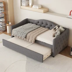 Lit 90x200 cm avec lit gigogne en lin et structure MDF, style minimaliste gris convertible en banquette><noscript><img width=
