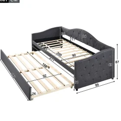 Lit 90x200 cm avec lit gigogne en lin et structure MDF, style minimaliste gris convertible en banquette><noscript><img width=