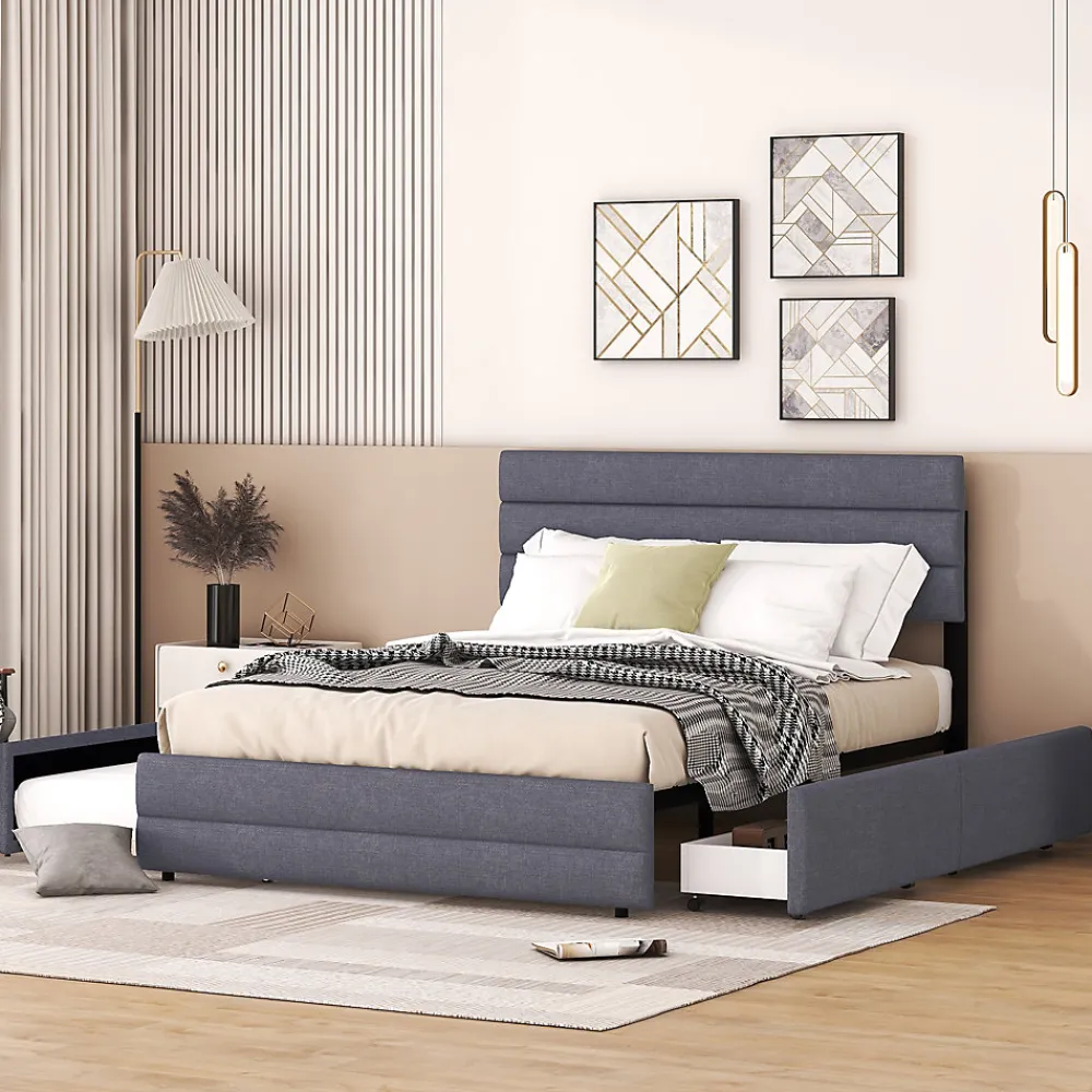 Lit 140x200 cm avec lit gigogne et 2 tiroirs, tapissé lin gris, tête réglable, style moderne et gain de place>Redom Hot