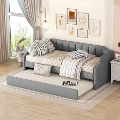 Lit 90x200 cm avec lit gigogne roulant, tapissé lin gris, dossier et accoudoirs arrondis design contemporain><noscript><img width=