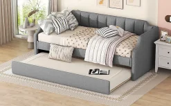 Lit 90x200 cm avec lit gigogne roulant, tapissé lin gris, dossier et accoudoirs arrondis design contemporain><noscript><img width=