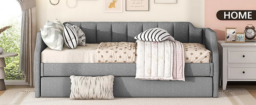 Lit 90x200 cm avec lit gigogne roulant, tapissé lin gris, dossier et accoudoirs arrondis design contemporain>Redom Discount