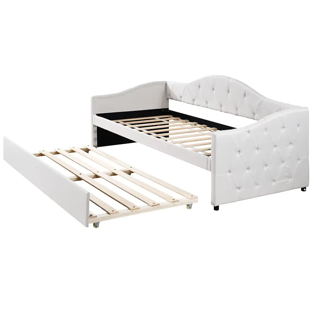 Redom Lit 90x200 cm avec lit gigogne, revêtement lin beige, structure MDF, design minimaliste, idéal petits espaces* Lit Gigogne