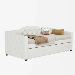 Redom Lit 90x200 cm avec lit gigogne, revêtement lin beige, structure MDF, design minimaliste, idéal petits espaces* Lit Gigogne