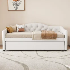 Redom Lit 90x200 cm avec lit gigogne, revêtement lin beige, structure MDF, design minimaliste, idéal petits espaces* Lit Gigogne