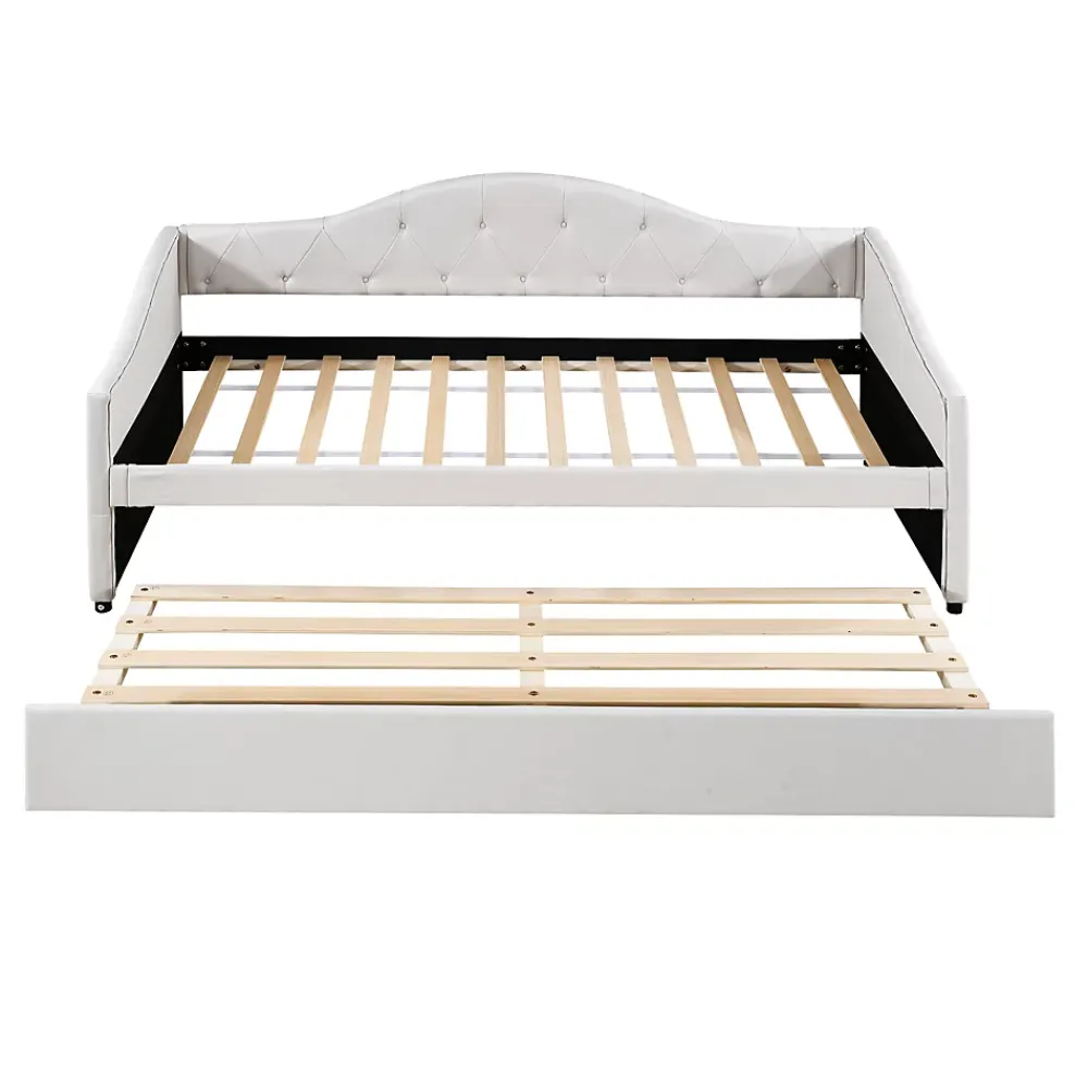 Redom Lit 90x200 cm avec lit gigogne, revêtement lin beige, structure MDF, design minimaliste, idéal petits espaces* Lit Gigogne
