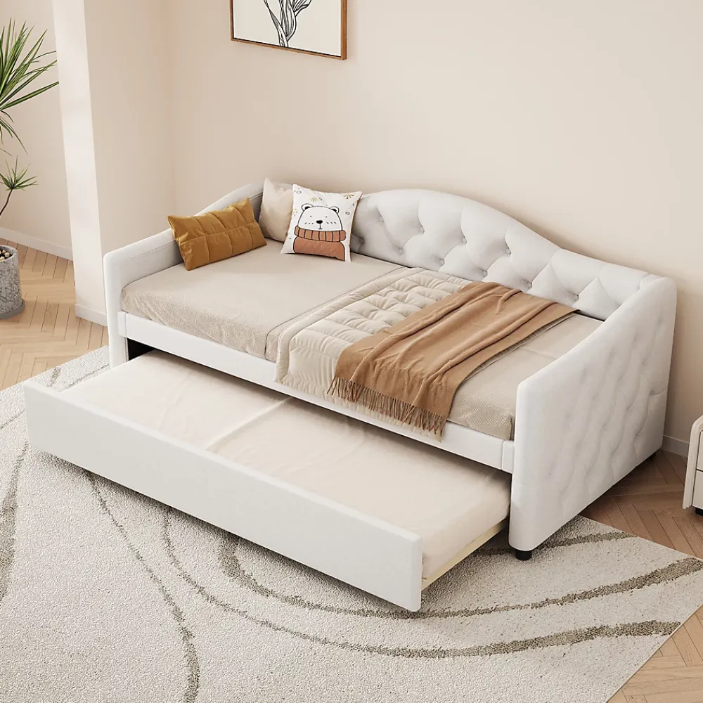 Redom Lit 90x200 cm avec lit gigogne, revêtement lin beige, structure MDF, design minimaliste, idéal petits espaces* Lit Gigogne