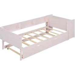 Redom Lit 90x200 cm avec lit gigogne et bureau intégré, 3 étagères latérales, pin massif et MDF, design moderne rose* Lit Gigogne