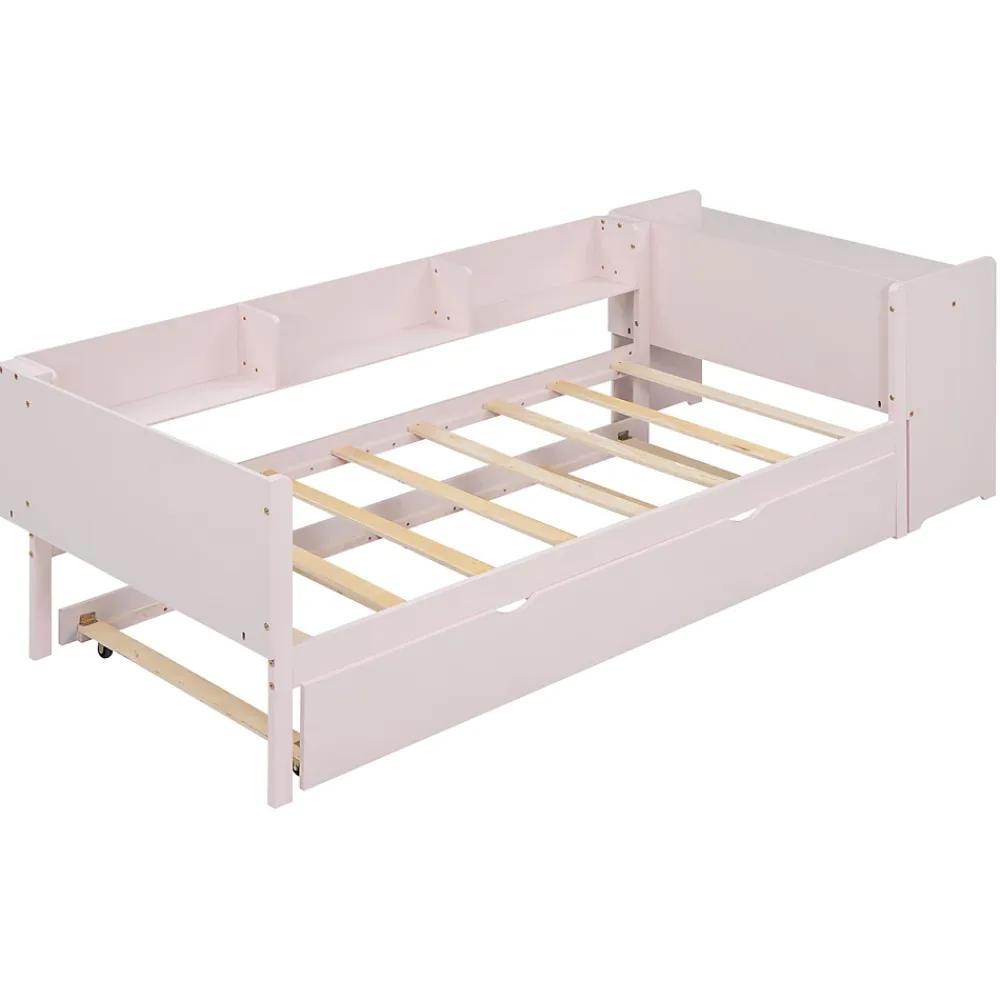 Redom Lit 90x200 cm avec lit gigogne et bureau intégré, 3 étagères latérales, pin massif et MDF, design moderne rose* Lit Gigogne