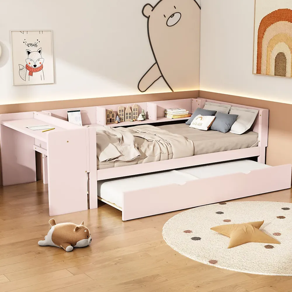 Redom Lit 90x200 cm avec lit gigogne et bureau intégré, 3 étagères latérales, pin massif et MDF, design moderne rose* Lit Gigogne