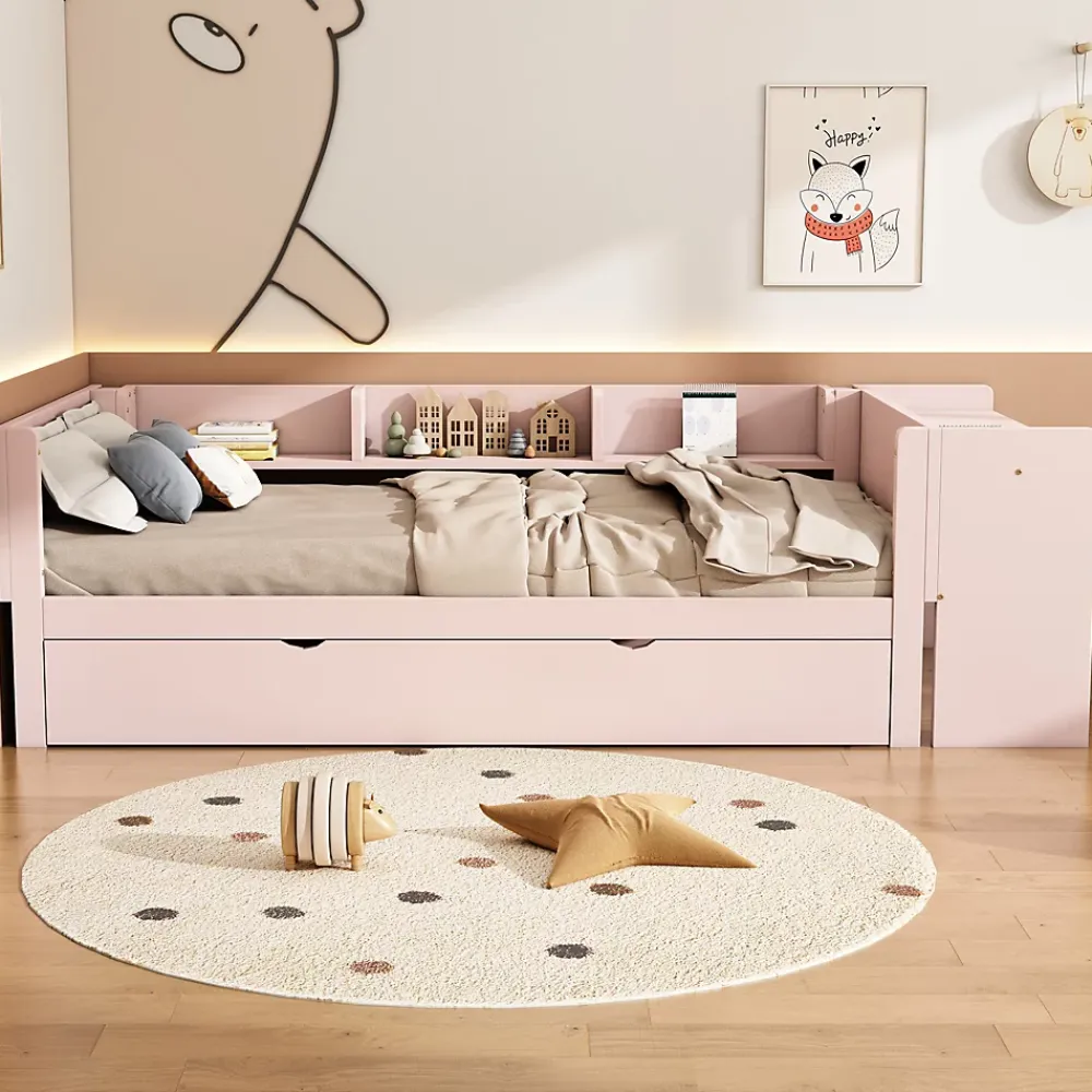 Redom Lit 90x200 cm avec lit gigogne et bureau intégré, 3 étagères latérales, pin massif et MDF, design moderne rose* Lit Gigogne