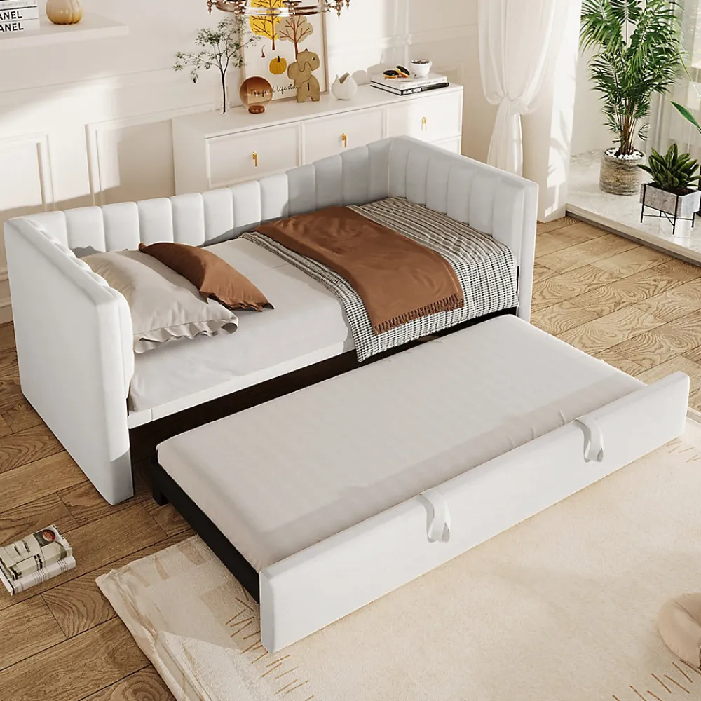 Lit 90x200 cm avec lit gigogne réglable, revêtement velours blanc, style minimaliste et structure MDF>Redom Discount