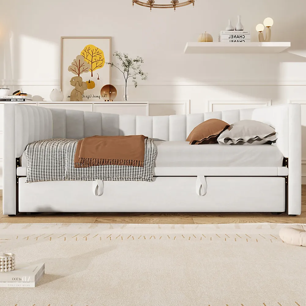 Lit 90x200 cm avec lit gigogne réglable, revêtement velours blanc, style minimaliste et structure MDF>Redom Discount