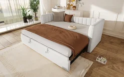 Lit 90x200 cm avec lit gigogne réglable, revêtement velours blanc, style minimaliste et structure MDF><noscript><img width=