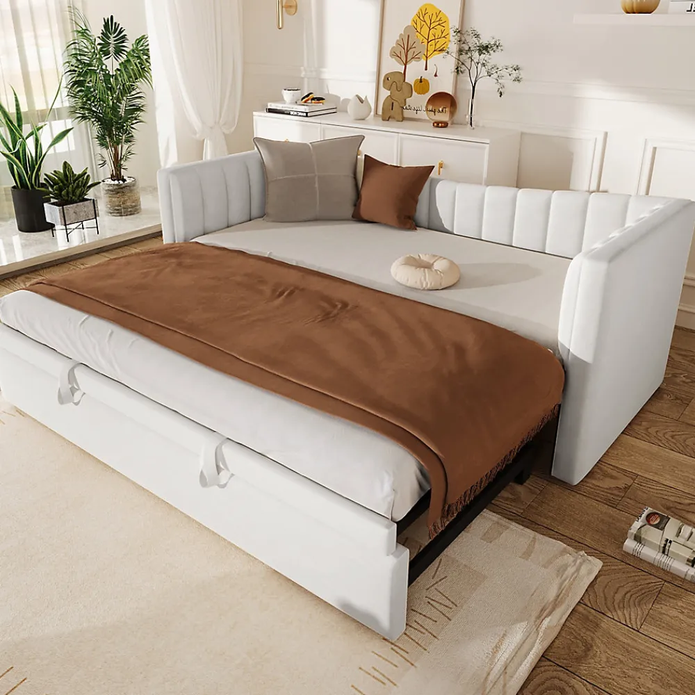 Lit 90x200 cm avec lit gigogne réglable, revêtement velours blanc, style minimaliste et structure MDF>Redom Discount