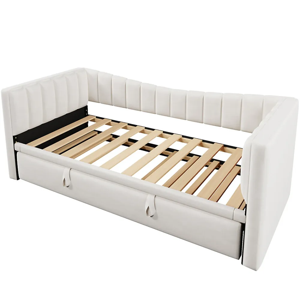 Lit 90x200 cm avec lit gigogne réglable, revêtement velours blanc, style minimaliste et structure MDF>Redom Discount