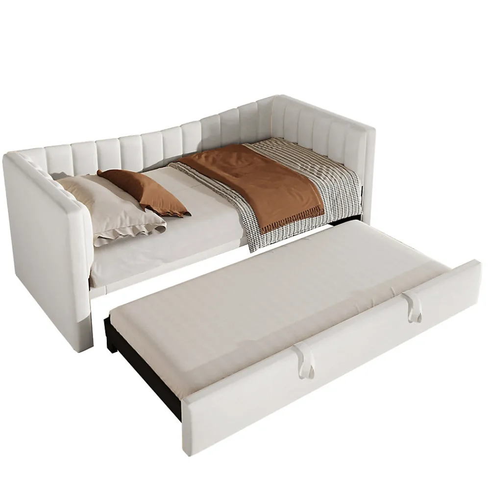 Lit 90x200 cm avec lit gigogne réglable, revêtement velours blanc, style minimaliste et structure MDF>Redom Discount