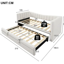 Lit 90x200 cm avec lit gigogne réglable, revêtement velours blanc, style minimaliste et structure MDF><noscript><img width=