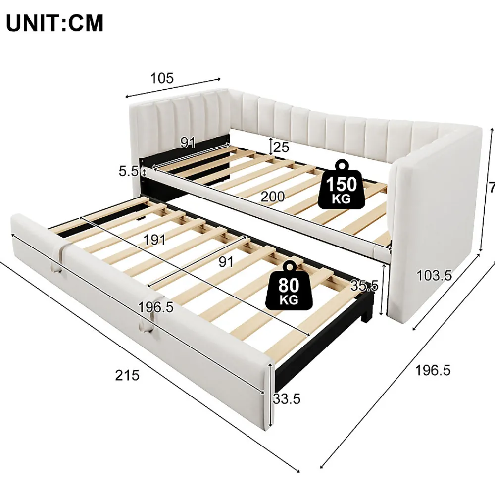 Lit 90x200 cm avec lit gigogne réglable, revêtement velours blanc, style minimaliste et structure MDF>Redom Discount