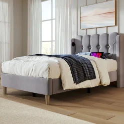 Lit 90x200 cm avec ports USB et Type C tête de lit à panneaux tapissée lin gris cadre rembourré robuste>Redom Discount