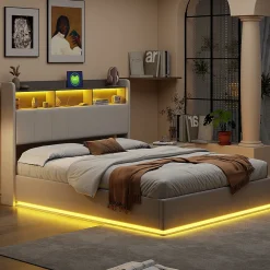 Lit 140x200 cm, avec quatre tiroirs, éclairage LED réglable, 2 USB et 1 fonction de charge tpcy-c, flanelle, Gris>Fortuna lai Discount