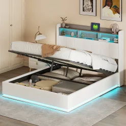 Lit 140x200 cm, avec quatre tiroirs, éclairage LED réglable, 2 USB et 1 fonction de charge tpcy-c, flanelle, Gris><noscript><img width=