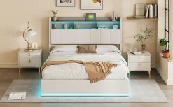 Lit 140x200 cm, avec quatre tiroirs, éclairage LED réglable, 2 USB et 1 fonction de charge tpcy-c, flanelle, Gris><noscript><img width=