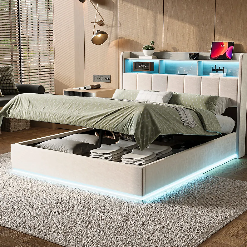 Fortuna lai Lit 160x200 cm, avec quatre tiroirs, éclairage LED réglable, 2 USB et 1 fonction de charge tpcy-c, flanelle, Gris* Lit Coffre