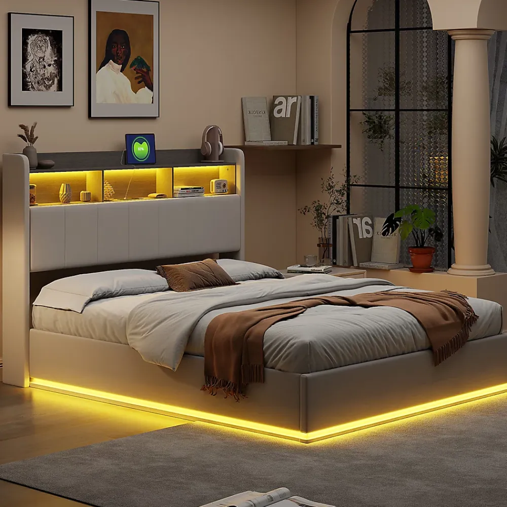 Fortuna lai Lit 160x200 cm, avec quatre tiroirs, éclairage LED réglable, 2 USB et 1 fonction de charge tpcy-c, flanelle, Gris* Lit Coffre