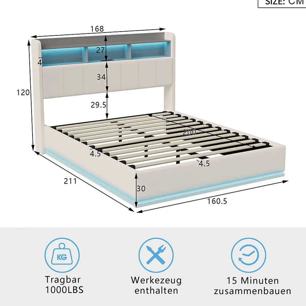 Fortuna lai Lit 160x200 cm, avec quatre tiroirs, éclairage LED réglable, 2 USB et 1 fonction de charge tpcy-c, flanelle, Gris* Lit Coffre