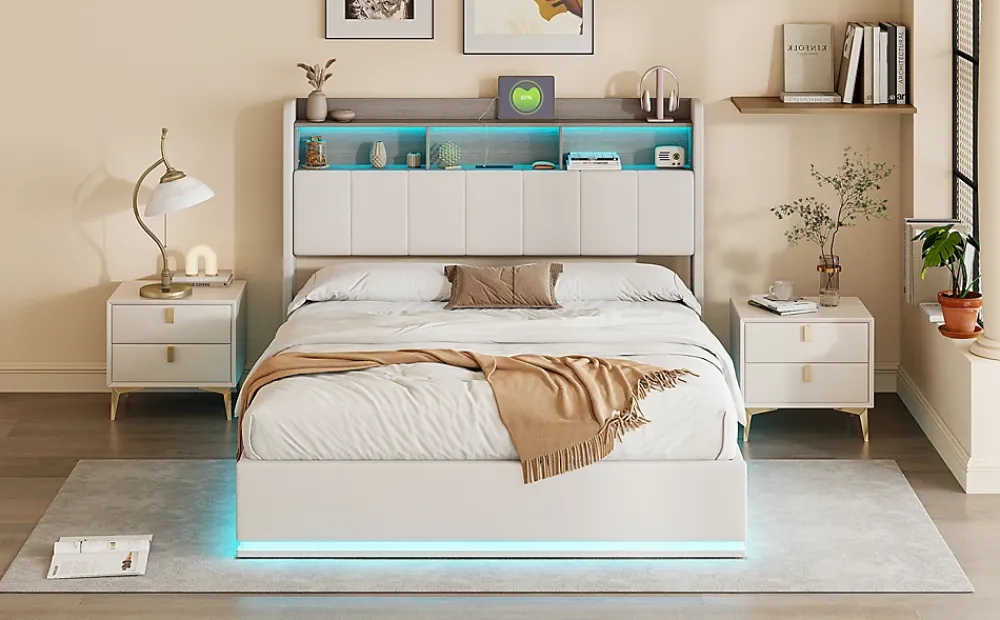 Fortuna lai Lit 160x200 cm, avec quatre tiroirs, éclairage LED réglable, 2 USB et 1 fonction de charge tpcy-c, flanelle, Gris* Lit Coffre