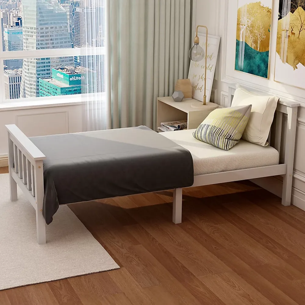 Redom Lit 90x200 cm avec rangement bas et sommier à lattes, cadre pin massif blanc design minimaliste* Ensemble Sommier Et Matelas