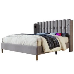 Redom Lit 140x200 cm avec rangement d'appoint et tête de lit tapissée en lin gris, charge USB-C intégrée* Ensemble Sommier Et Matelas