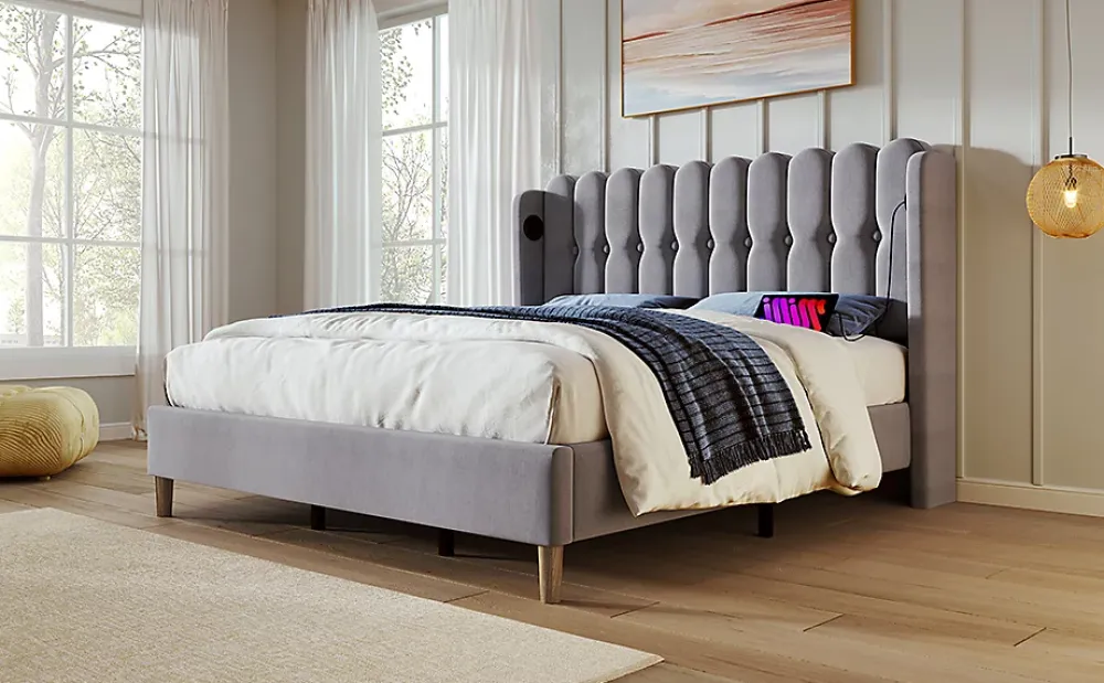 Redom Lit 140x200 cm avec rangement d'appoint et tête de lit tapissée en lin gris, charge USB-C intégrée* Ensemble Sommier Et Matelas